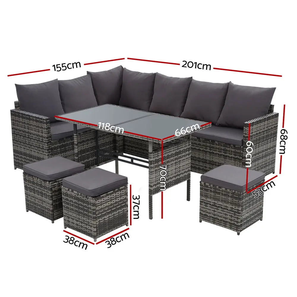 Gardeon Outdoor Dining Set Sofa Lounge Setting Chairs Table Ottoman Grey Cover - Chez Guru