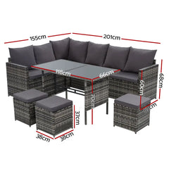 Gardeon Outdoor Dining Set Sofa Lounge Setting Chairs Table Ottoman Grey Cover - Chez Guru