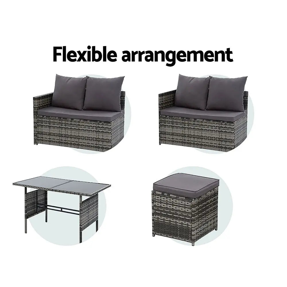 Gardeon Outdoor Dining Set Sofa Lounge Setting Chairs Table Ottoman Grey Cover - Chez Guru