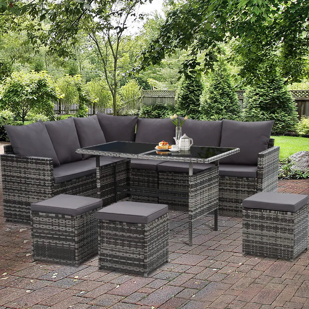 Gardeon Outdoor Dining Set Sofa Lounge Setting Chairs Table Ottoman Grey Cover - Chez Guru