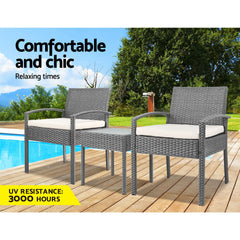 Gardeon 3PC Patio Furniture Bistro Set Wicker Outdoor Lounge Setting Grey Chez Guru