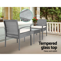 Gardeon 3PC Patio Furniture Bistro Set Wicker Outdoor Lounge Setting Grey Chez Guru