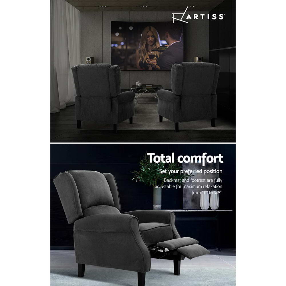 Artiss Recliner Chair Adjustable Sofa Lounge Soft Suede Armchair Couch Charcoal Chez Guru