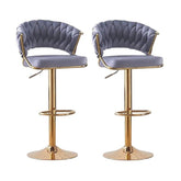 2x Height Grey Velvet Padded Golden Round Base Barstools Chairs