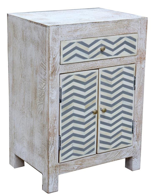 2 drawer whitewashed bedside cabinet with Grey/White bone chevron design Chez Guru