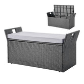 Gray wicker outdoor bench with white cushion and matching storage box on a white background