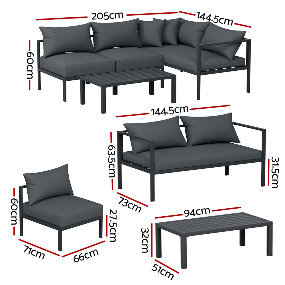 Gardeon 4 Seater Outdoor Sofa Set Aluminium Patio Furniture Setting 4PC Charcoal Chez Guru