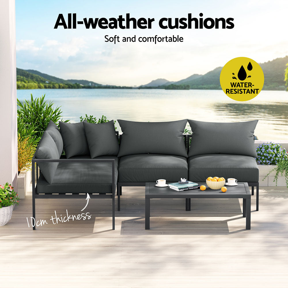 Gardeon 4 Seater Outdoor Sofa Set Aluminium Patio Furniture Setting 4PC Charcoal Chez Guru