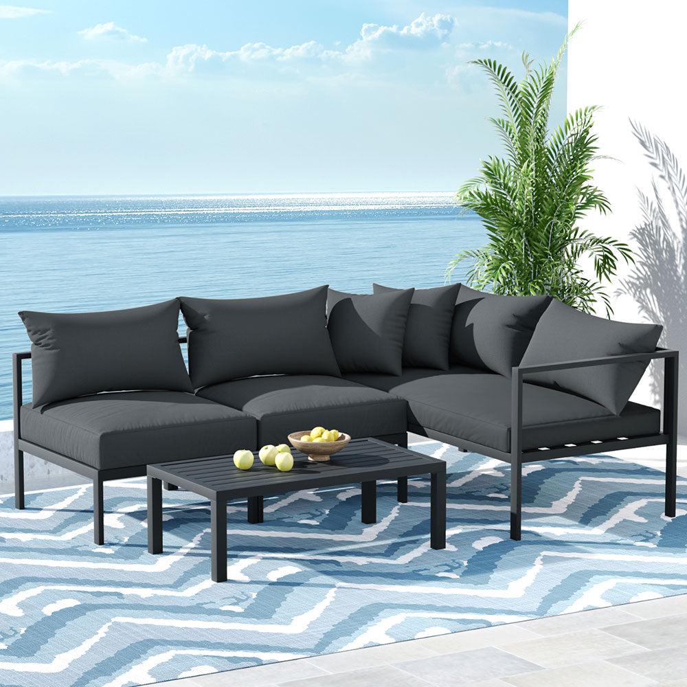 Gardeon 4 Seater Outdoor Sofa Set Aluminium Patio Furniture Setting 4PC Charcoal Chez Guru