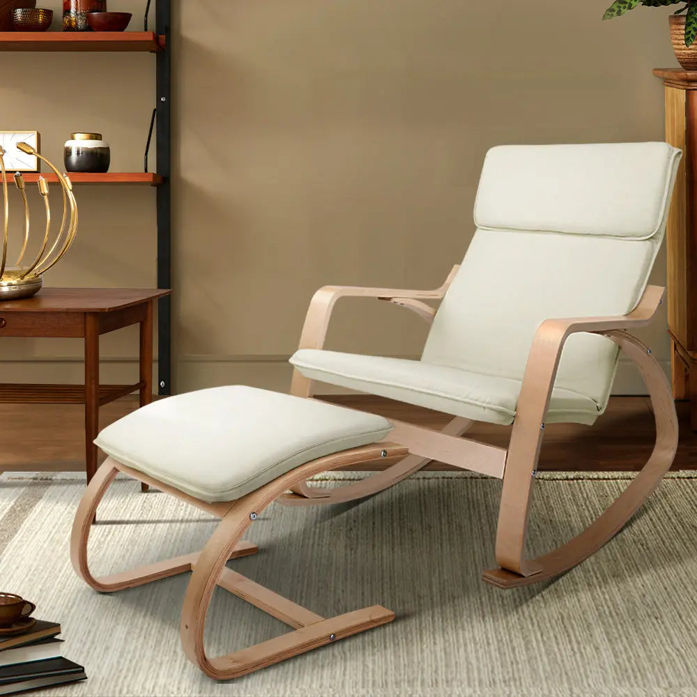 Artiss Rocking Armchair Footstool Bentwood Beige - Chez Guru
