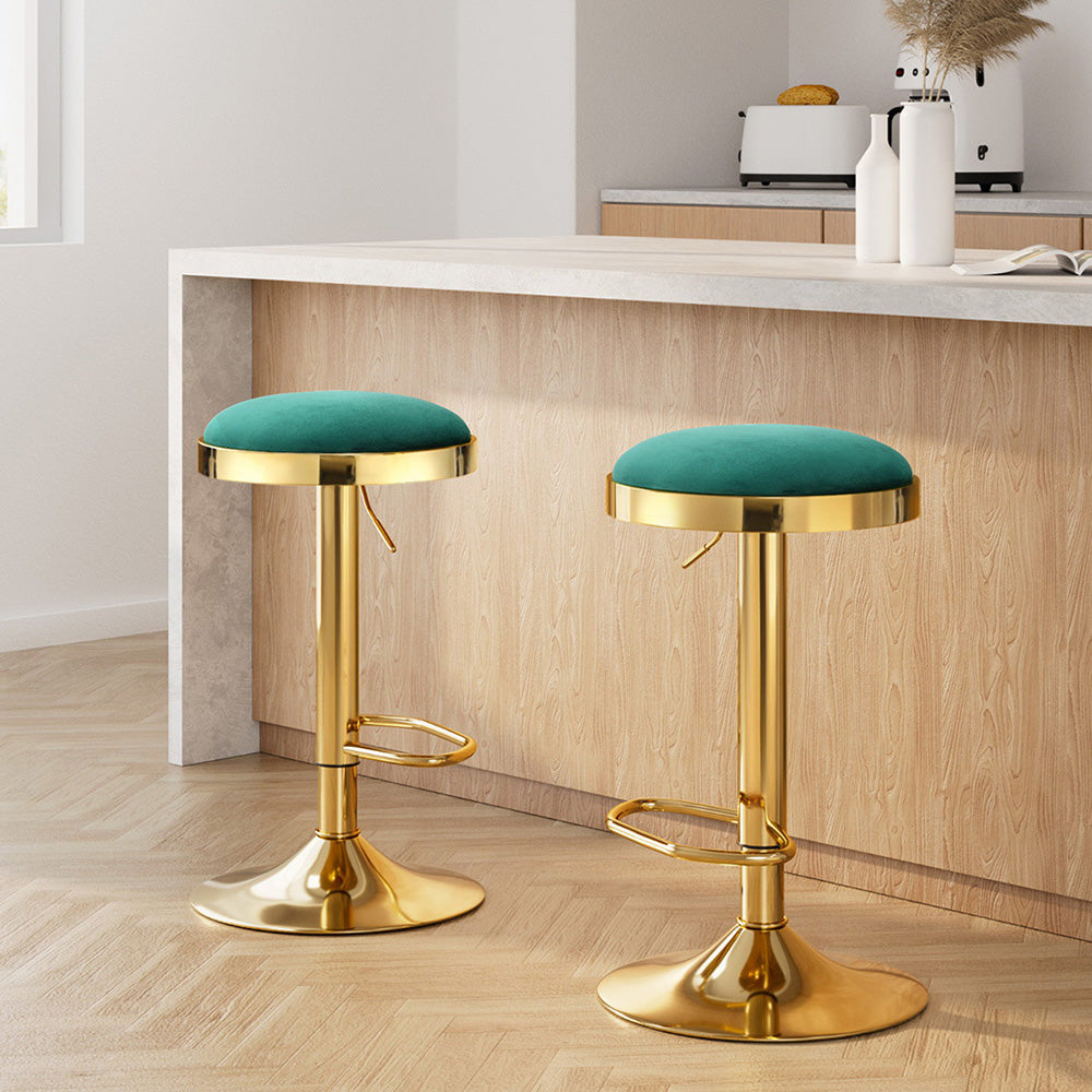 2x Artiss Bar Stools Kitchen Dining Chairs Velvet Padded Stool Green Chez Guru