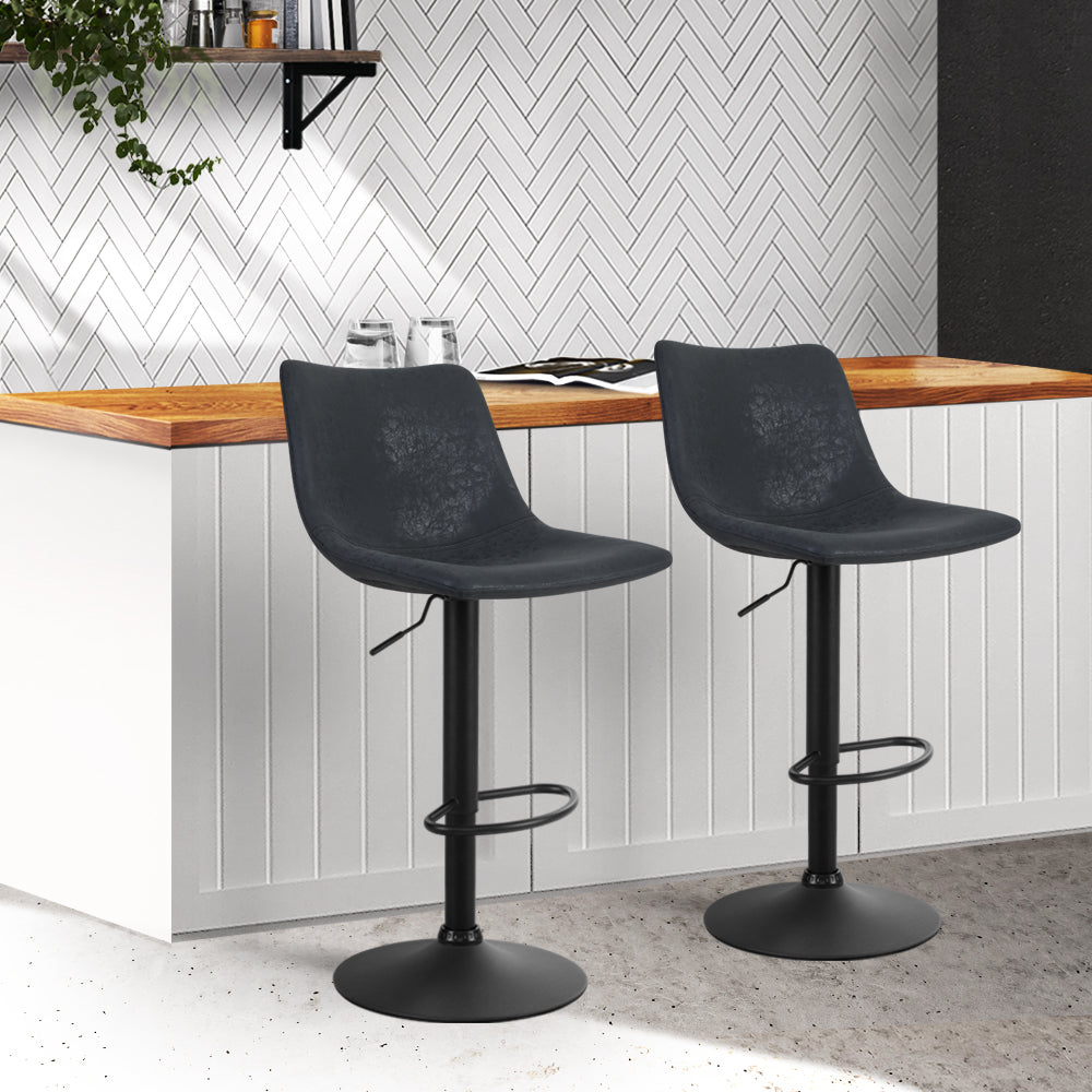 Artiss 2x Bar Stools Vintage Leather Swivel Gas Lift Black Chez Guru