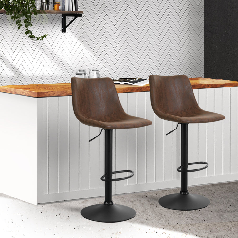Artiss 2x Bar Stools Vintage Leather Swivel Gas Lift Brown Chez Guru