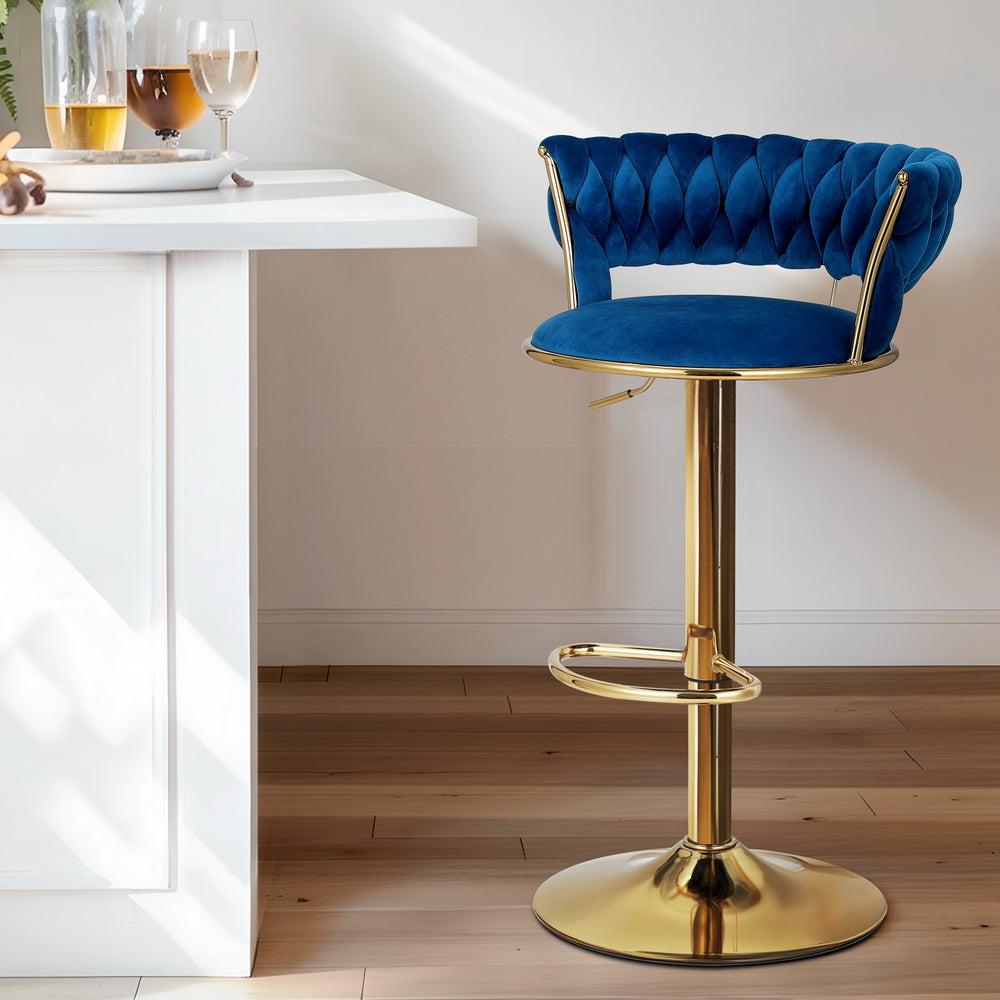 Artiss Bar Stools Gas Lift Velvet Woven Backrest Navy Chez Guru