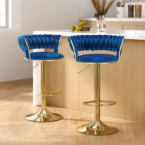 Artiss 2x Bar Stools Gas Lift Velvet Woven Backrest Navy Chez Guru