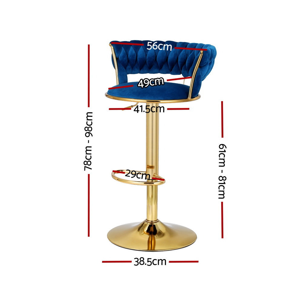 Artiss 2x Bar Stools Gas Lift Velvet Woven Backrest Navy Chez Guru