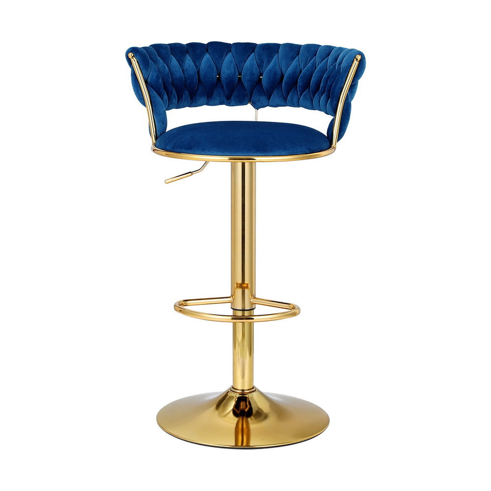 Artiss 2x Bar Stools Gas Lift Velvet Woven Backrest Navy Chez Guru