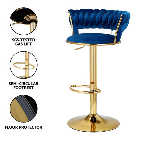 Artiss 2x Bar Stools Gas Lift Velvet Woven Backrest Navy Chez Guru