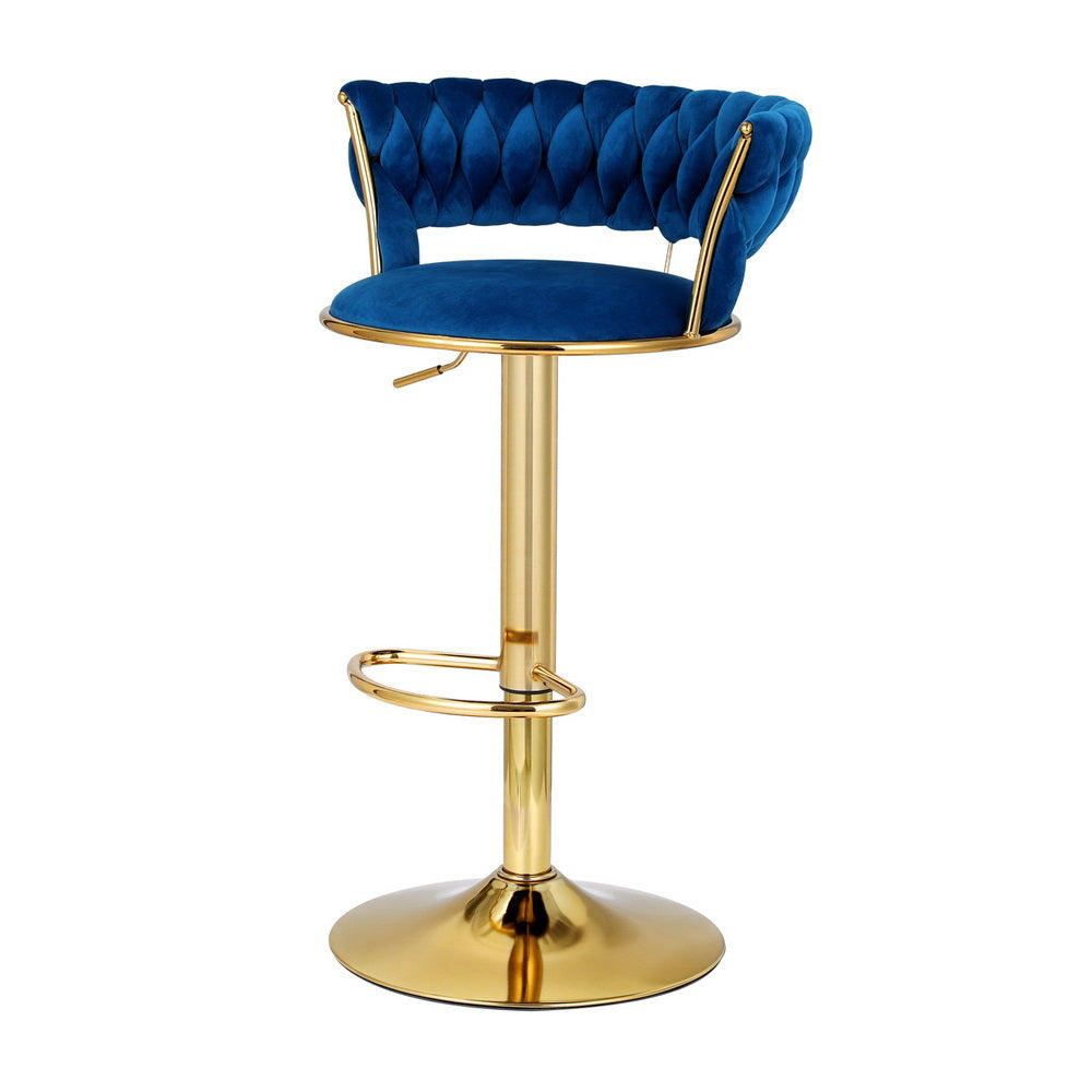 Artiss 2x Bar Stools Gas Lift Velvet Woven Backrest Navy Chez Guru