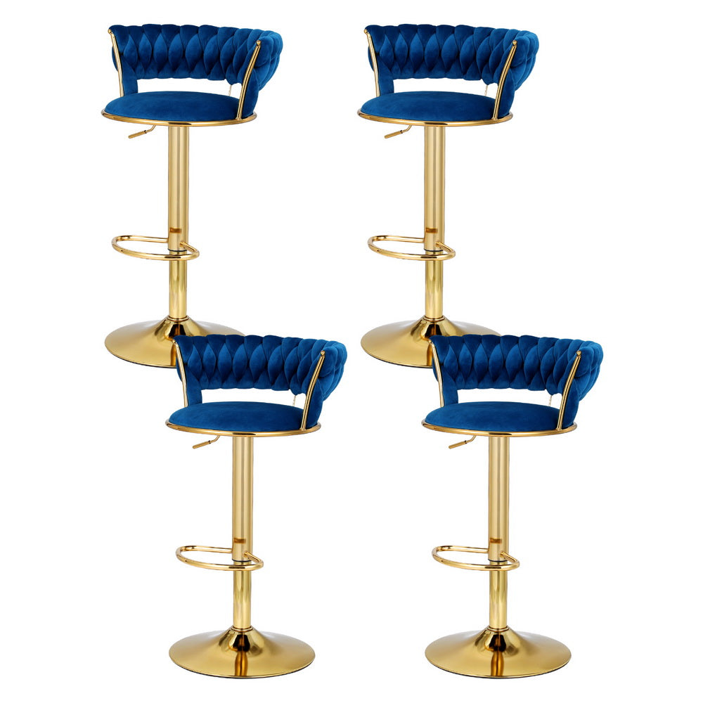 Artiss 4x Bar Stools Gas Lift Velvet Woven Backrest Navy Chez Guru