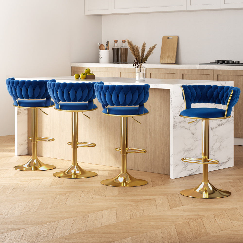 Artiss 4x Bar Stools Gas Lift Velvet Woven Backrest Navy Chez Guru