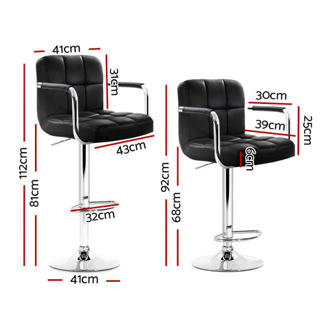 Artiss 2x Bar Stools Leather Gas Lift w/Armrest Black Chez Guru