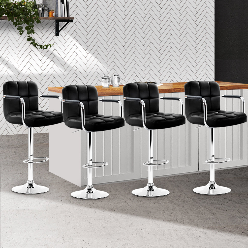 Artiss 4x Bar Stools Leather Gas Lift w/Armrest Black Chez Guru