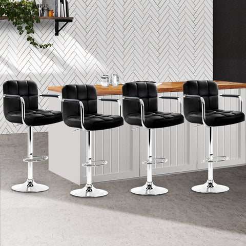 Artiss 4x Bar Stools Leather Gas Lift w/Armrest Black Chez Guru