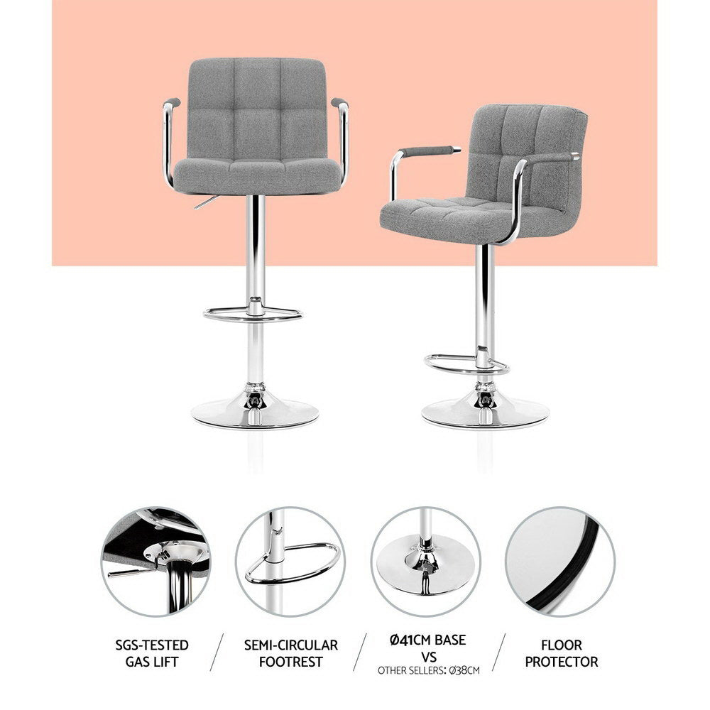 Artiss 2x Bar Stools Fabric Gas Lift w/Armrest Grey Chez Guru