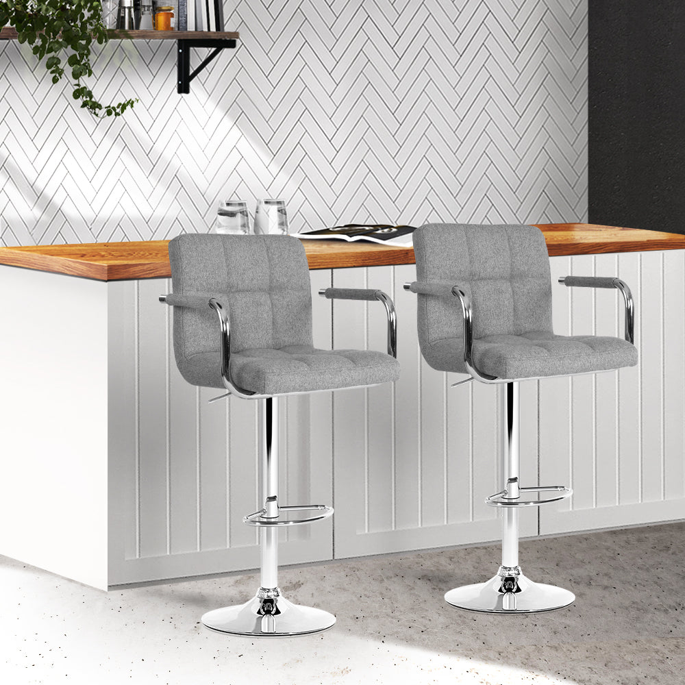 Artiss 2x Bar Stools Fabric Gas Lift w/Armrest Grey Chez Guru