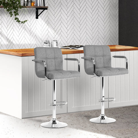 Artiss 2x Bar Stools Fabric Gas Lift w/Armrest Grey Chez Guru