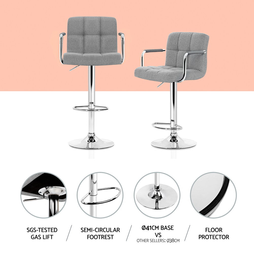 Artiss 4x Bar Stools Fabric Gas Lift w/Armrest Grey Chez Guru