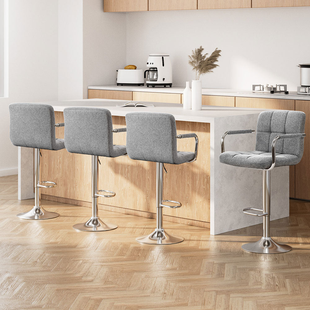 Artiss 4x Bar Stools Fabric Gas Lift w/Armrest Grey Chez Guru