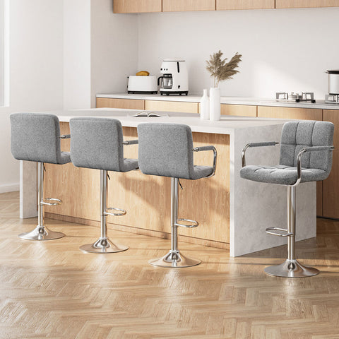 Artiss 4x Bar Stools Fabric Gas Lift w/Armrest Grey Chez Guru