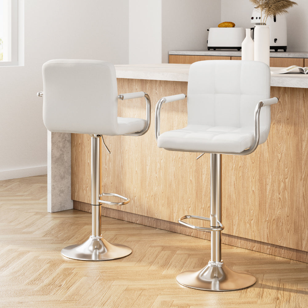 Artiss 2x Bar Stools Leather Gas Lift w/Armrest White Chez Guru