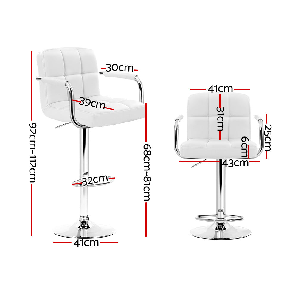 Artiss 2x Bar Stools Leather Gas Lift w/Armrest White Chez Guru