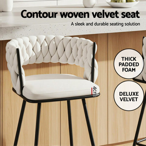 Artiss 2x Bar Stools Kitchen Dining Chair Counter Stool Woven Velvet Metal Ivory