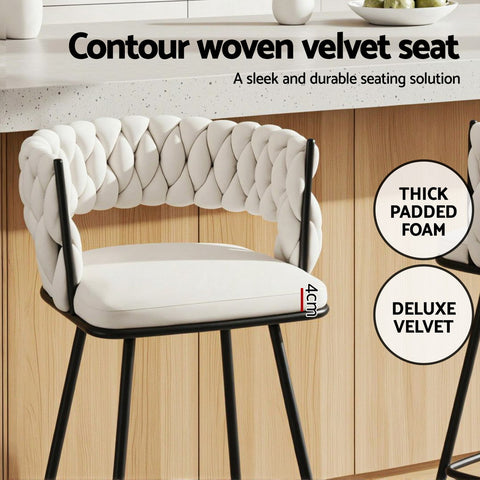 Artiss 4x Bar Stools Kitchen Dining Chair Counter Stool Woven Velvet Metal Ivory