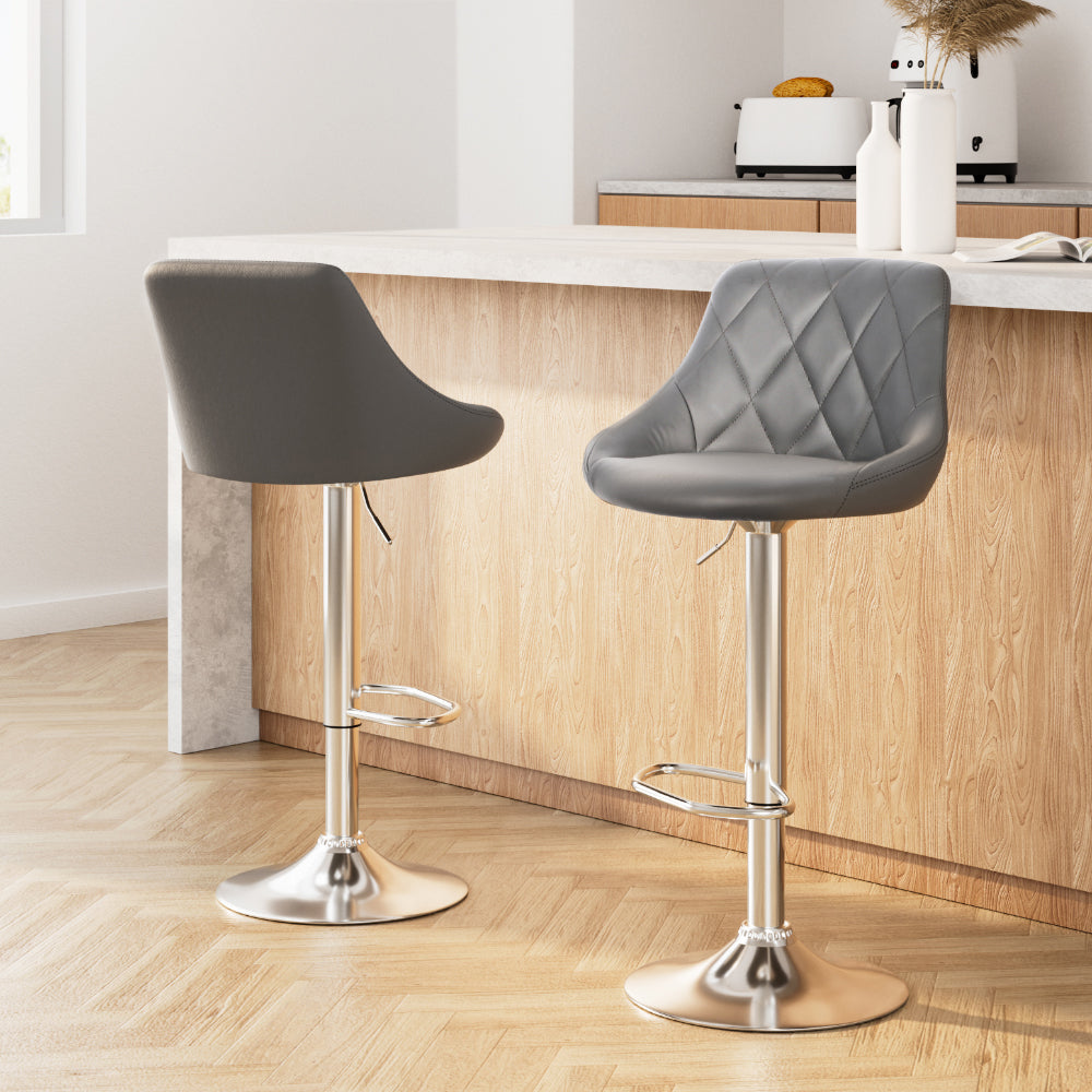 Artiss 2x Bar Stools Leather Padded Gas Lift Grey Chez Guru