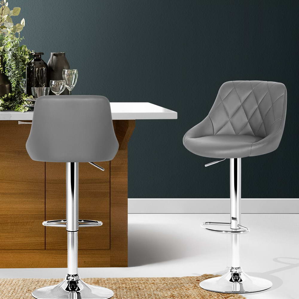 Artiss 2x Bar Stools Leather Padded Gas Lift Grey Chez Guru
