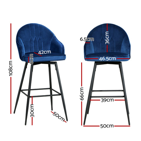 Artiss 2x Bar Stools Velvet Swivel Metal Legs Blue Chez Guru
