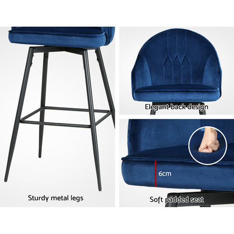 Artiss 2x Bar Stools Velvet Swivel Metal Legs Blue Chez Guru