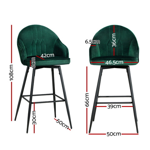 Artiss 2x Bar Stools Velvet Swivel Metal Legs Green Chez Guru