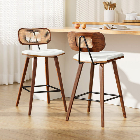 2x Artiss Bar Stools Kitchen Counter Rattan Chairs PU Leather Padding Chez Guru