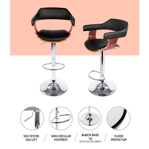 Artiss Bar Stools Gas Lift Leather w/Armrest Black Chez Guru