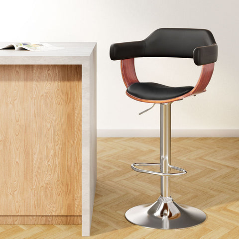 Artiss Bar Stools Gas Lift Leather w/Armrest Black Chez Guru