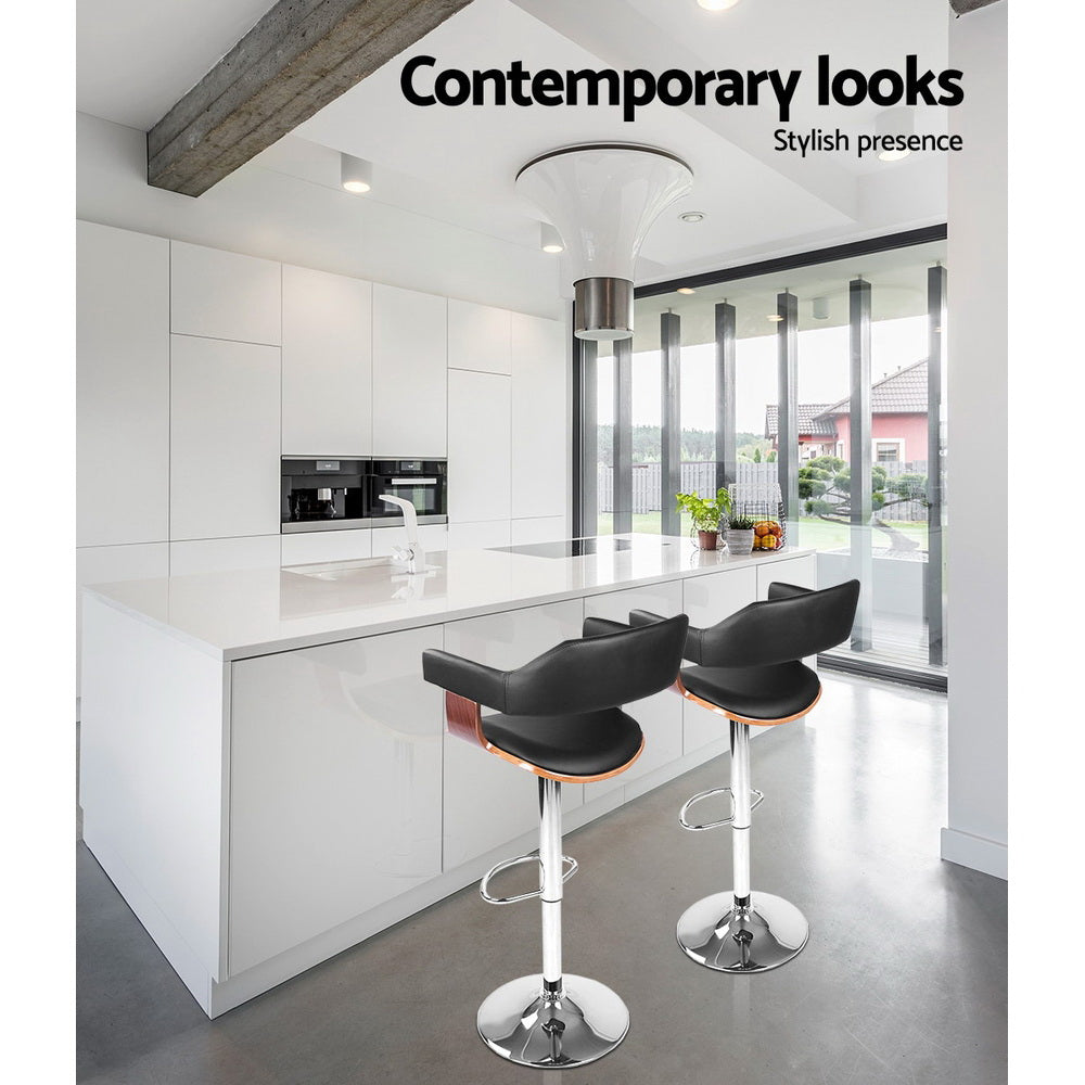 Artiss 2x Bar Stools Gas Lift Leather w/Armrest Black Chez Guru