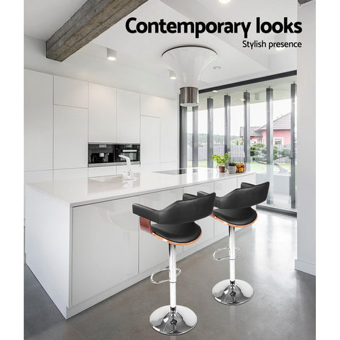 Artiss 2x Bar Stools Gas Lift Leather w/Armrest Black Chez Guru