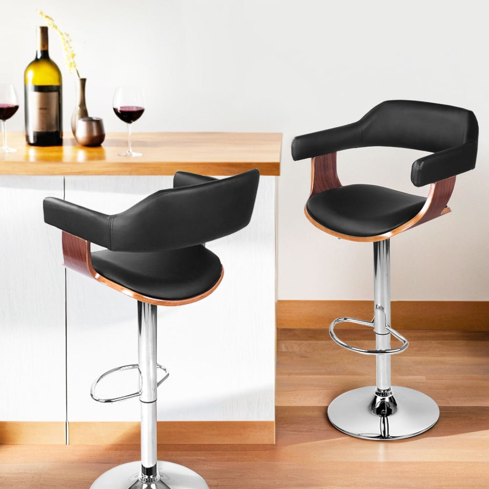 Artiss 4x Bar Stools Gas Lift Leather w/Armrest Black Chez Guru
