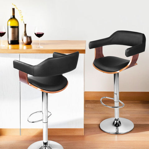 Artiss 4x Bar Stools Gas Lift Leather w/Armrest Black Chez Guru